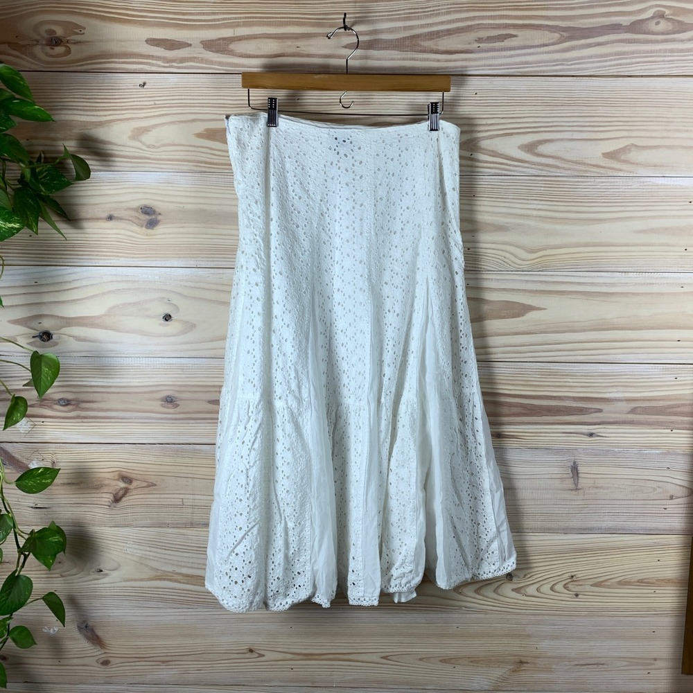 Persaman‎ New York Skirt Womens 10 White Eyelet Cotton Tiered Midi A-Line Boho - Picture 4 of 9